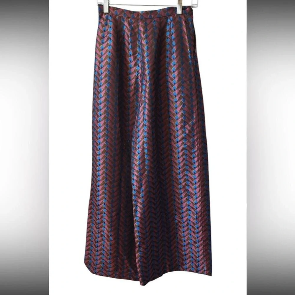 Etro Red and Blue Wide Leg Pants metallic jacquard Geometric 38